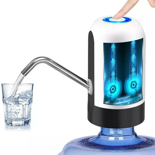 The image depicts a modern, white and black electric water bottle pump mounted on top of a blue, 5-gallon water bottle. A clear, illuminated view of the pump's internal components is visible, showcasing two blue, lit water bottles, indicating its operation. Water is being dispensed through a stainless steel spout into a glass below the pump. The design appears sleek and portable, with a touch button illuminated in blue on top.