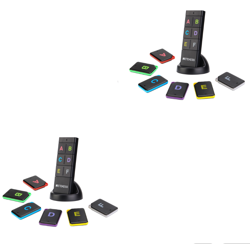 A black vertical stand with letters A to F is surrounded by six corresponding colored item locators and a remote above them.