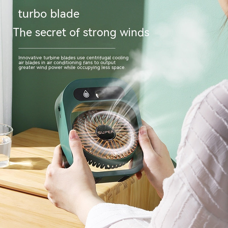Turbo Blade Design: The USB Misting Fan & Humidifier 2-in-1 features a turbo blade design, ensuring strong wind modes. This misting fan efficiently cools the air, providing powerful airflow.
