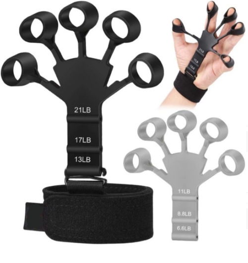 The image shows a hand stretching a black silicone finger exerciser with loops for each finger, suggesting its use for physical therapy. Insets display the device being used in different ways to strengthen individual fingers and the wrist, indicating its versatility for various exercises and grip training.