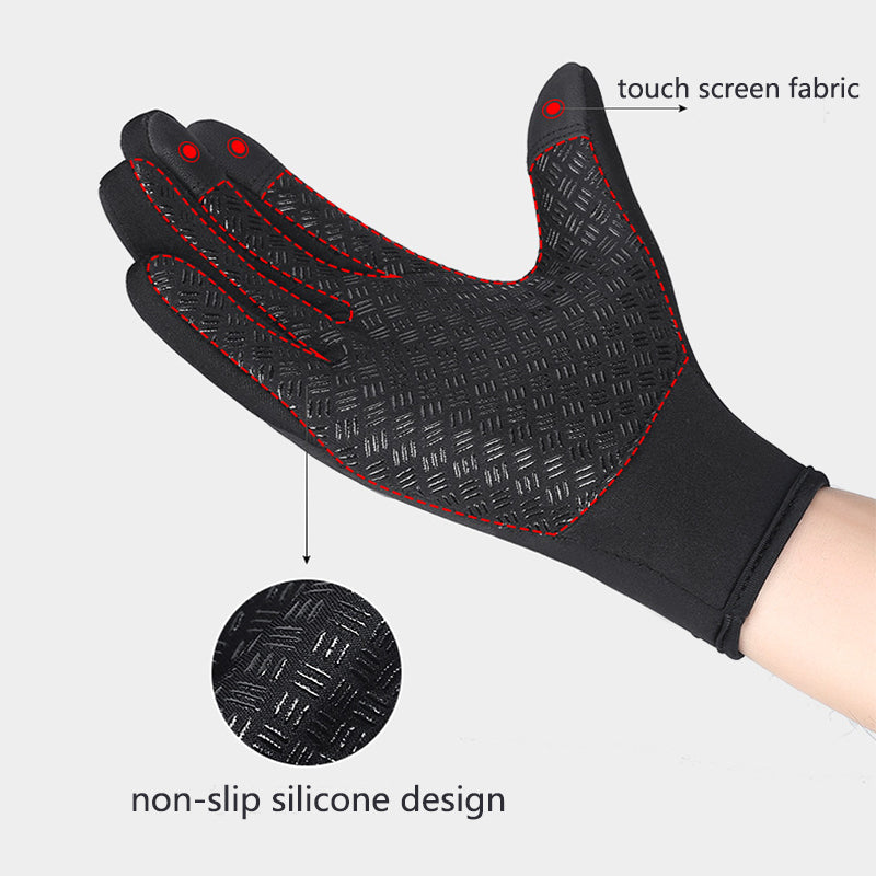 A close-up of the black gloves' fingertips which are designed to be compatible with touchscreens, allowing the wearer to use devices without removing the gloves.