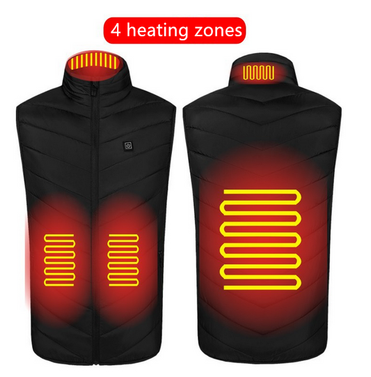 Black Heated Vest with 4 Heating Zones: This black vest features a high-collar design and heating elements located on the lower front and back, providing targeted warmth.