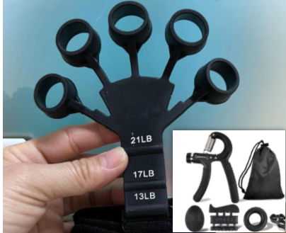 The image shows a hand stretching a black silicone finger exerciser with loops for each finger, suggesting its use for physical therapy. Insets display the device being used in different ways to strengthen individual fingers and the wrist, indicating its versatility for various exercises and grip training.