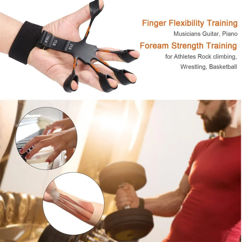 The image shows a hand stretching a black silicone finger exerciser with loops for each finger, suggesting its use for physical therapy. Insets display the device being used in different ways to strengthen individual fingers and the wrist, indicating its versatility for various exercises and grip training.