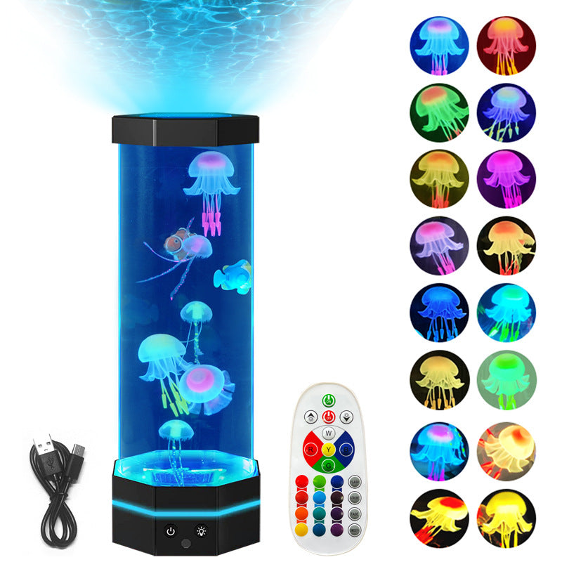 Jellyfish Lava Lamp showcases its capacity and various color modes, featuring lifelike jellyfish in a black cylindrical tank