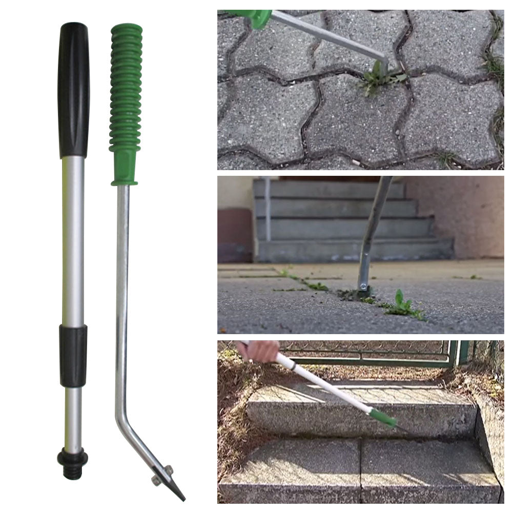 The image shows a collage of three photos related to a Road Gap Weeding Hook. The main photo depicts the tool with a long metal shaft, a black grip at the top, and a green handle in the middle. The bottom features a curved metal prong. The other two smaller photos show the tool in use, removing weeds from between concrete pavers and on a staircase, demonstrating its effectiveness and ease of use.