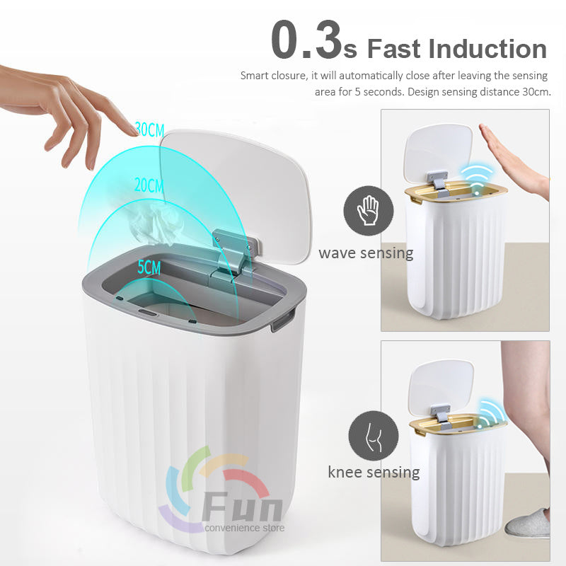 Waterproof Smart Trash Can: This white, motion-activated trash can highlights its IPX6 waterproof rating, ensuring durability and reliability even in environments where spills are common.