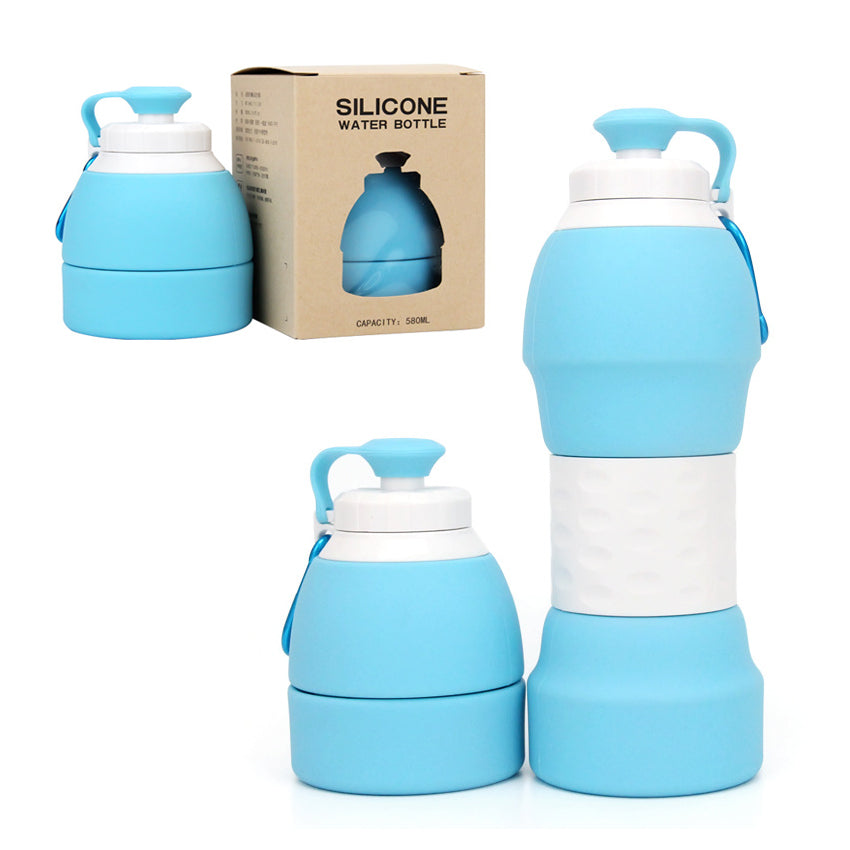 The image shows two stages of a collapsible silicone water bottle in a vibrant blue color, alongside its packaging. The bottle is displayed extended for use and folded for compact storage, illustrating its flexibility and space-saving design.