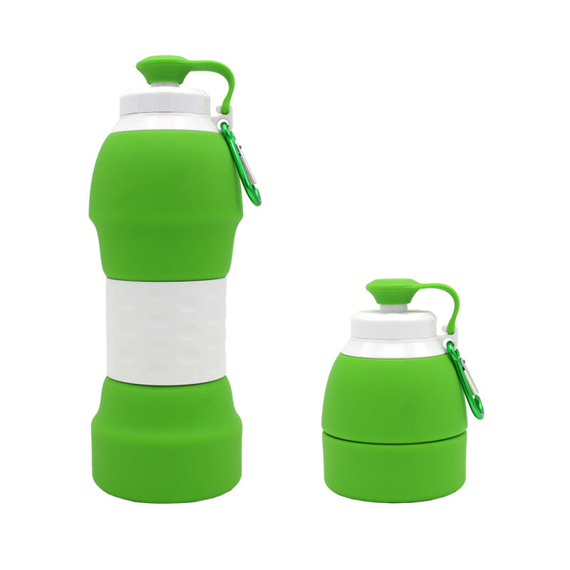 The image features a green silicone water bottle in two states: fully expanded and half-collapsed. 