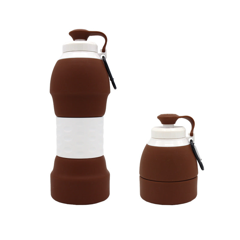 The image features a brown silicone water bottle in two states: fully expanded and half-collapsed. 