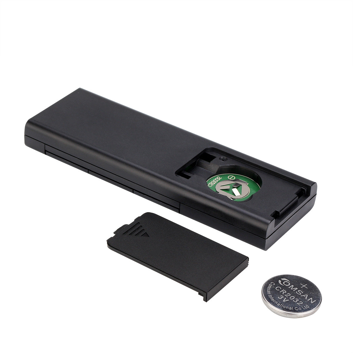 A sleek black handheld device with a button interface is shown alongside a black opening tool and a coin cell battery.