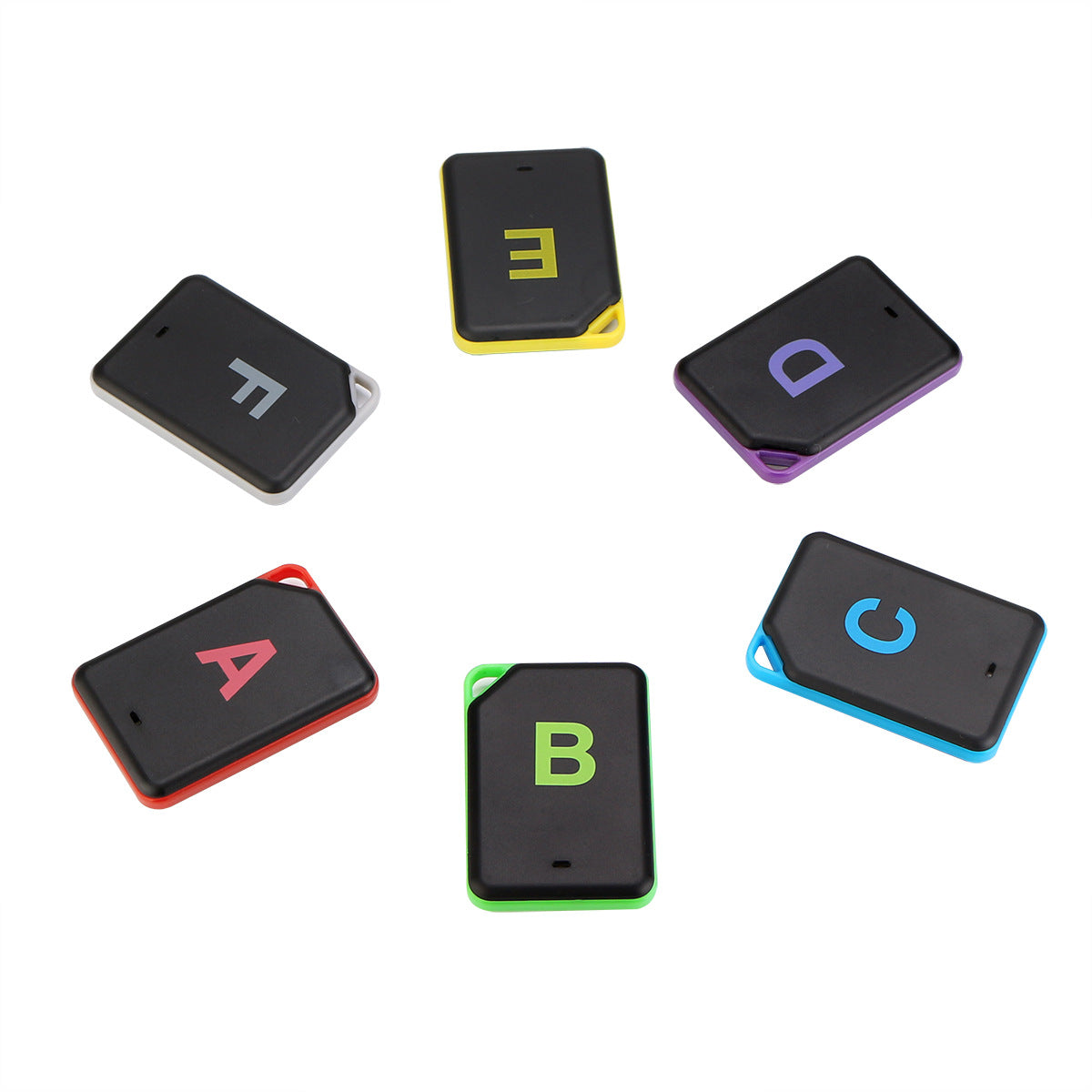 Six rectangle-shaped item locators are laid out, each a different color with a bold letter from A to F on the top right corner, adjacent to key icons.