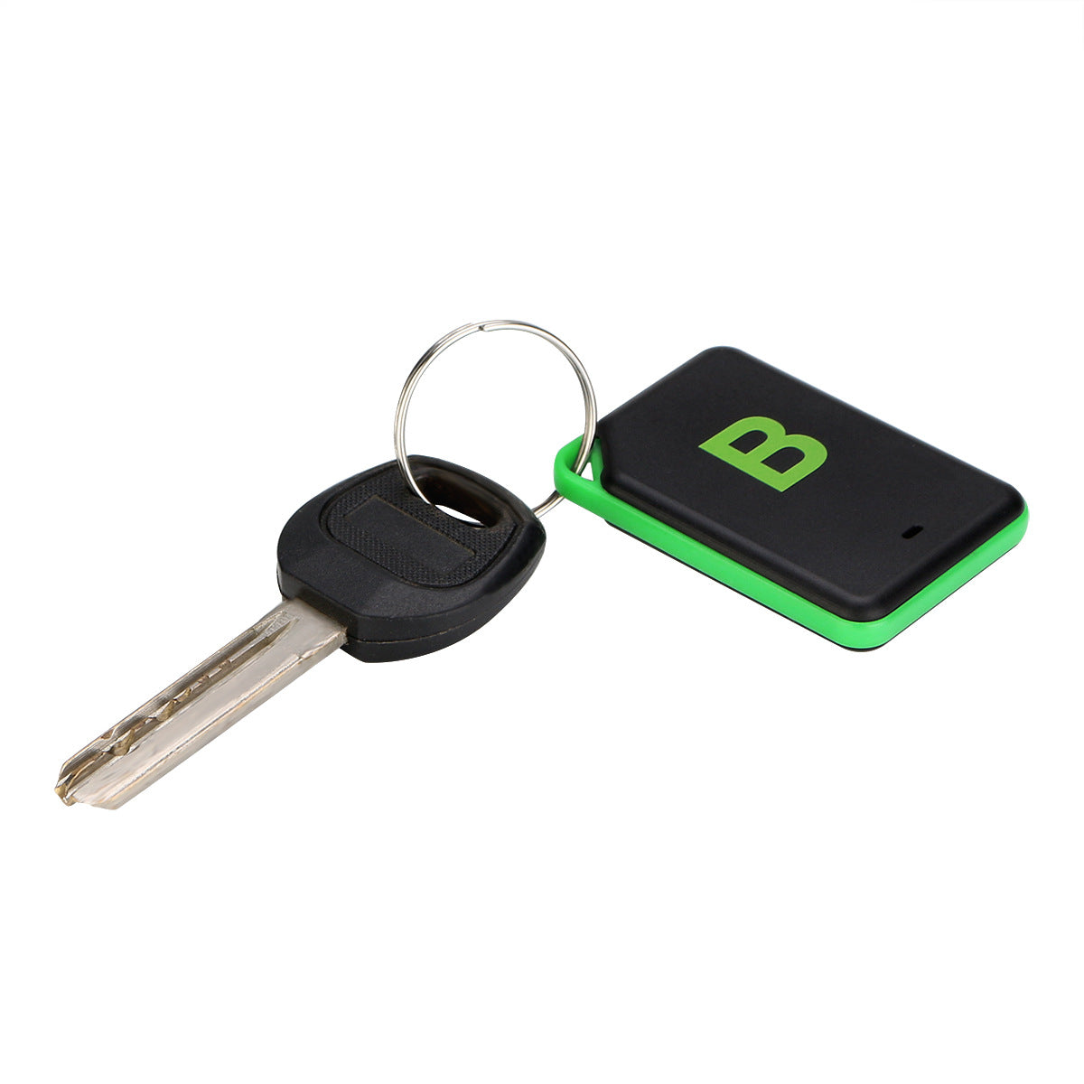 A car key is attached to a green locator labeled 'B', suggesting the device's use for finding keys.