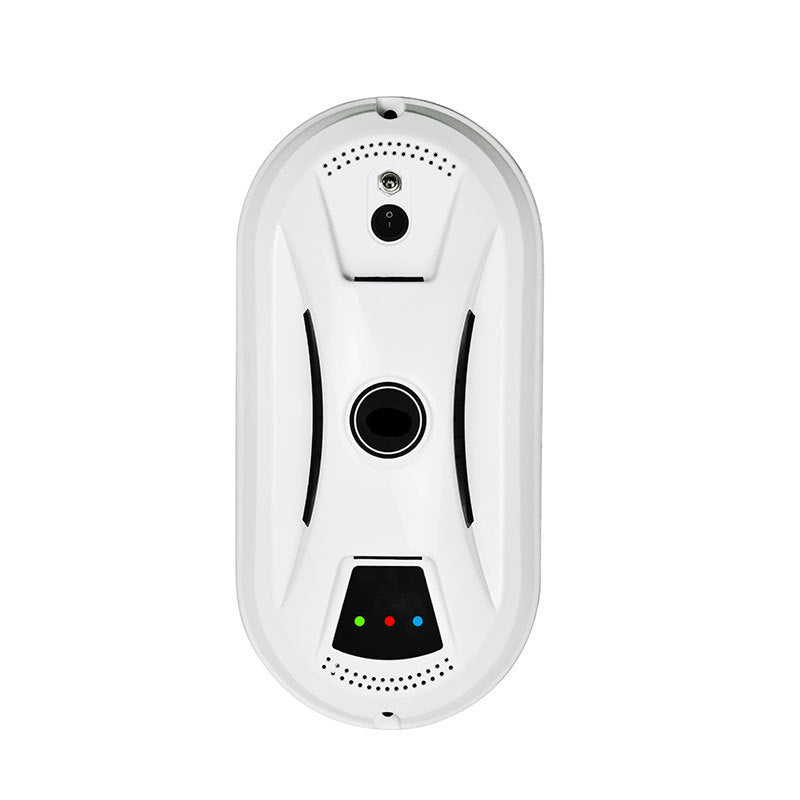 The first image shows the front view of the Electric Window Cleaning Robot, which is white with black accents, featuring a sleek, oval-shaped body with two large circular sections that appear to house the cleaning mechanism.