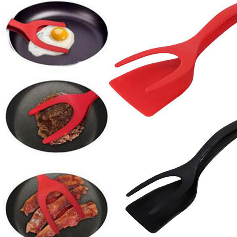 2 In 1 Grip And Flip Tongs shown flipping various foods in a pan. The red tongs are versatile for flipping pancakes, hamburgers, and more. Perfect for handling different types of food.