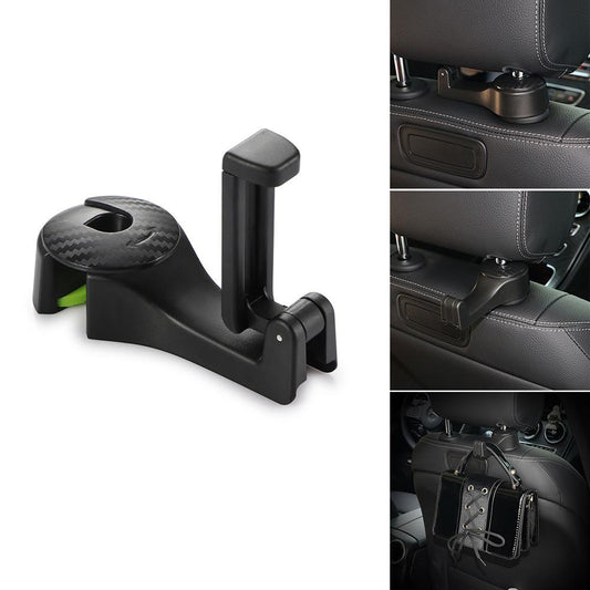 The image showcases a multifunctional Car Headrest Hook with a built-in Phone Holder. It displays the hook in black, highlighting its compatibility with car interiors, its ability to hold bags, and its fold-out phone holder feature for added convenience.