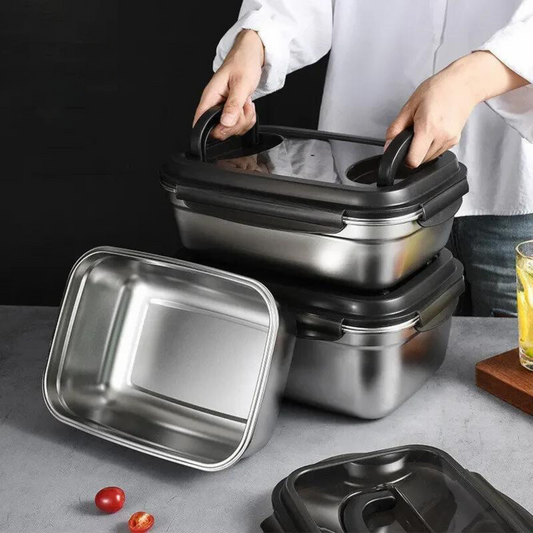 Large Capacity Stainless Steel Outdoor Portable Lunch Bento Box: A person is holding and stacking two large stainless steel lunch bento boxes, highlighting their portability and large capacity, perfect for meal prep containers.