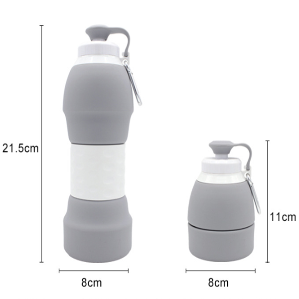 The image displays two gray silicone water bottles side by side, one fully extended with a height measurement of 21.5cm, and the other collapsed at 11cm, both with a diameter of 8cm, showcasing the bottle's foldability and size dimensions.