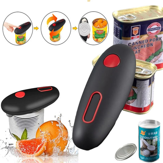 Versatile and User-Friendly Electric Can Opener: The electric can opener is displayed alongside a variety of canned goods, illustrating its compatibility with different can sizes. The focus is on the simplicity of the process, where the opener is placed on the can and activates at the press of a button, enhancing the hands-free experience.