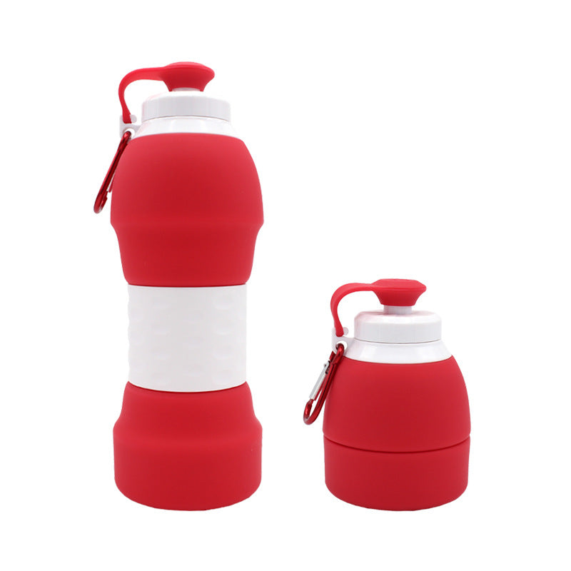 The image features a red silicone water bottle in two states: fully expanded and half-collapsed. 
