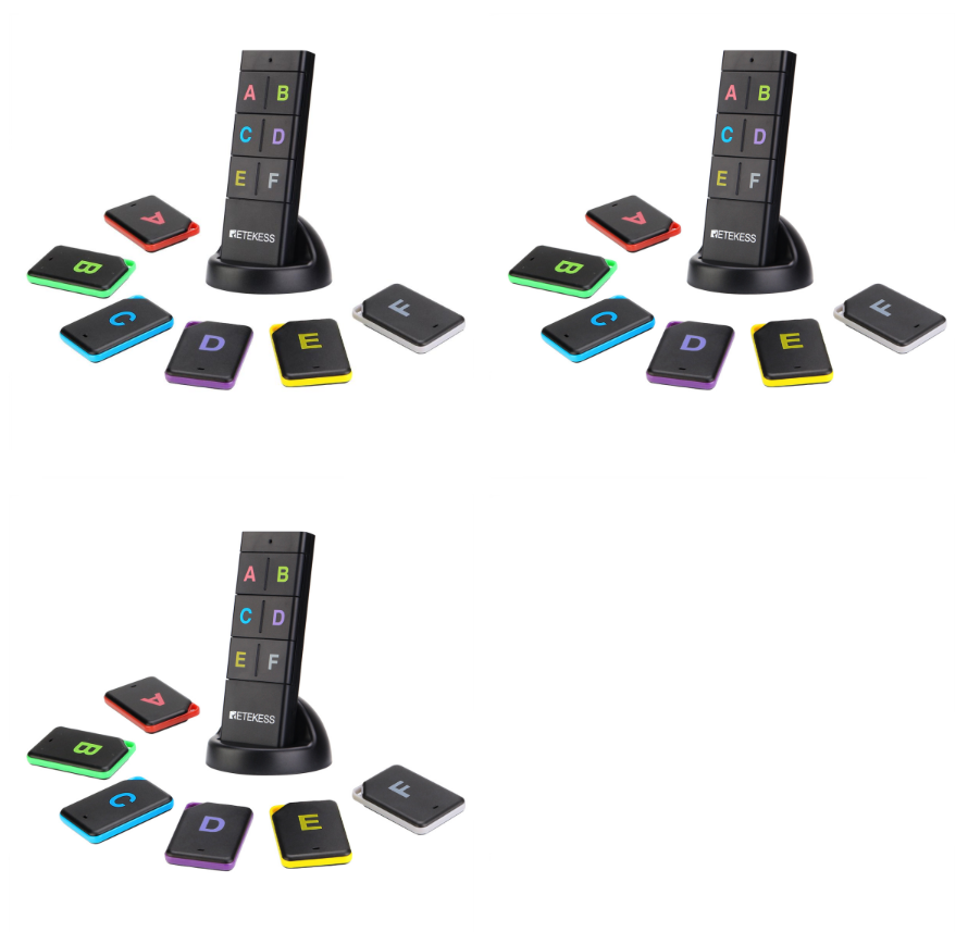 A black vertical stand with letters A to F is surrounded by six corresponding colored item locators and a remote above them.
