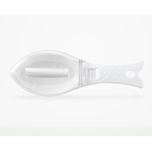A standalone image of the fish-shaped scale remover in white, with its cover closed, highlighting its compact design.