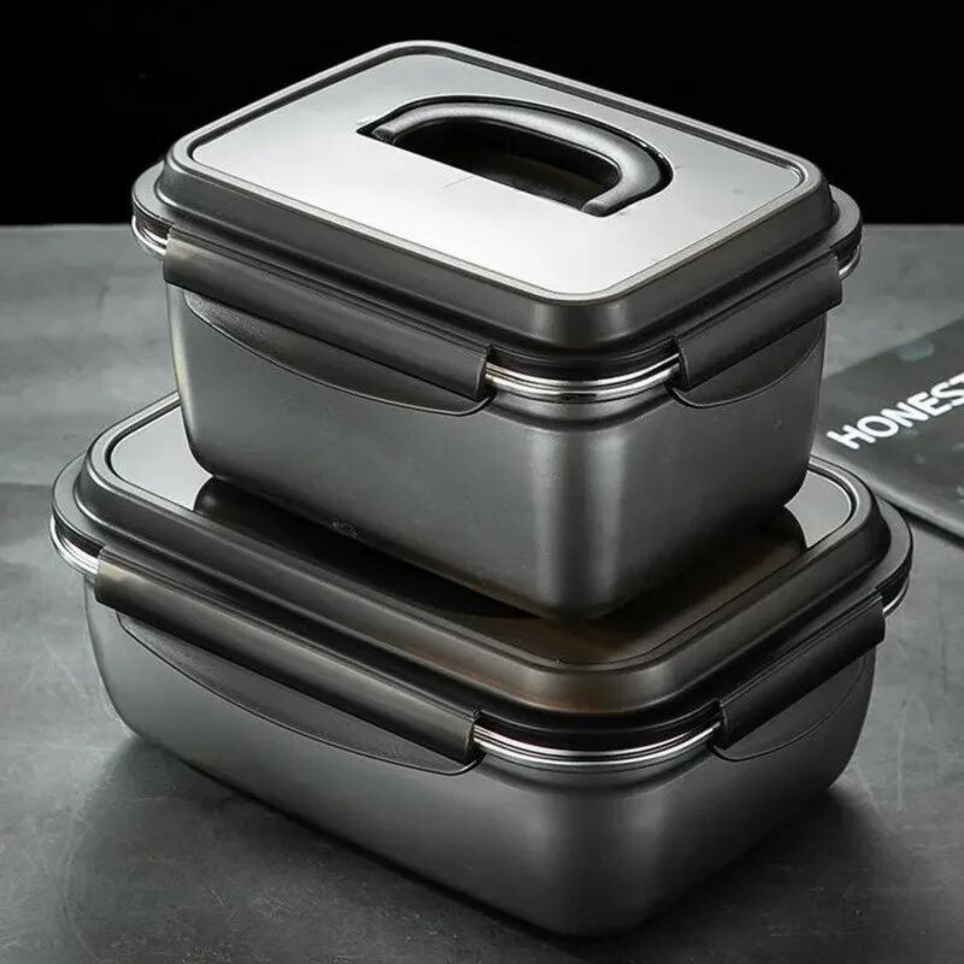 Large Capacity Stainless Steel Outdoor Portable Lunch Bento Box: Two stacked stainless steel lunch bento boxes, showcasing their versatile and space-saving design. Ideal for meal prep and lunch containers.