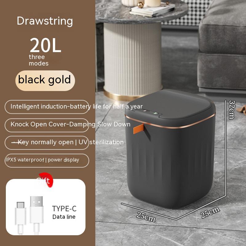 Stylish Drawstring Smart Trash Can: Featured in a smart garbage bin design, the drawstring bag compatibility is accentuated, available in 20L size and colors such as black grid and cream white, blending functionality with fashion.