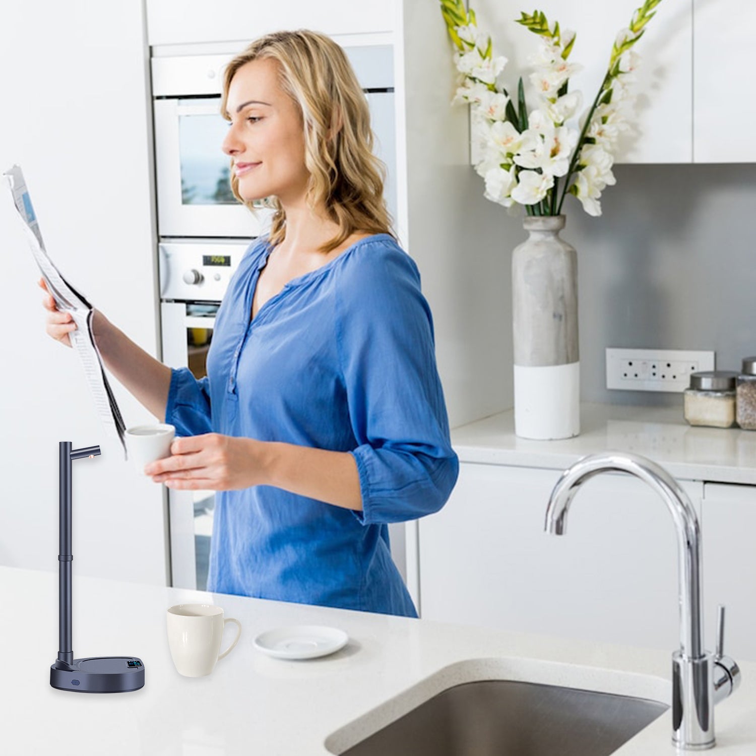 Smart Desktop Water Dispenser in Kitchen Use: A woman is using the Smart Desktop Water Dispenser in her kitchen. The dispenser is placed on the countertop, demonstrating its portability and convenience for home use.