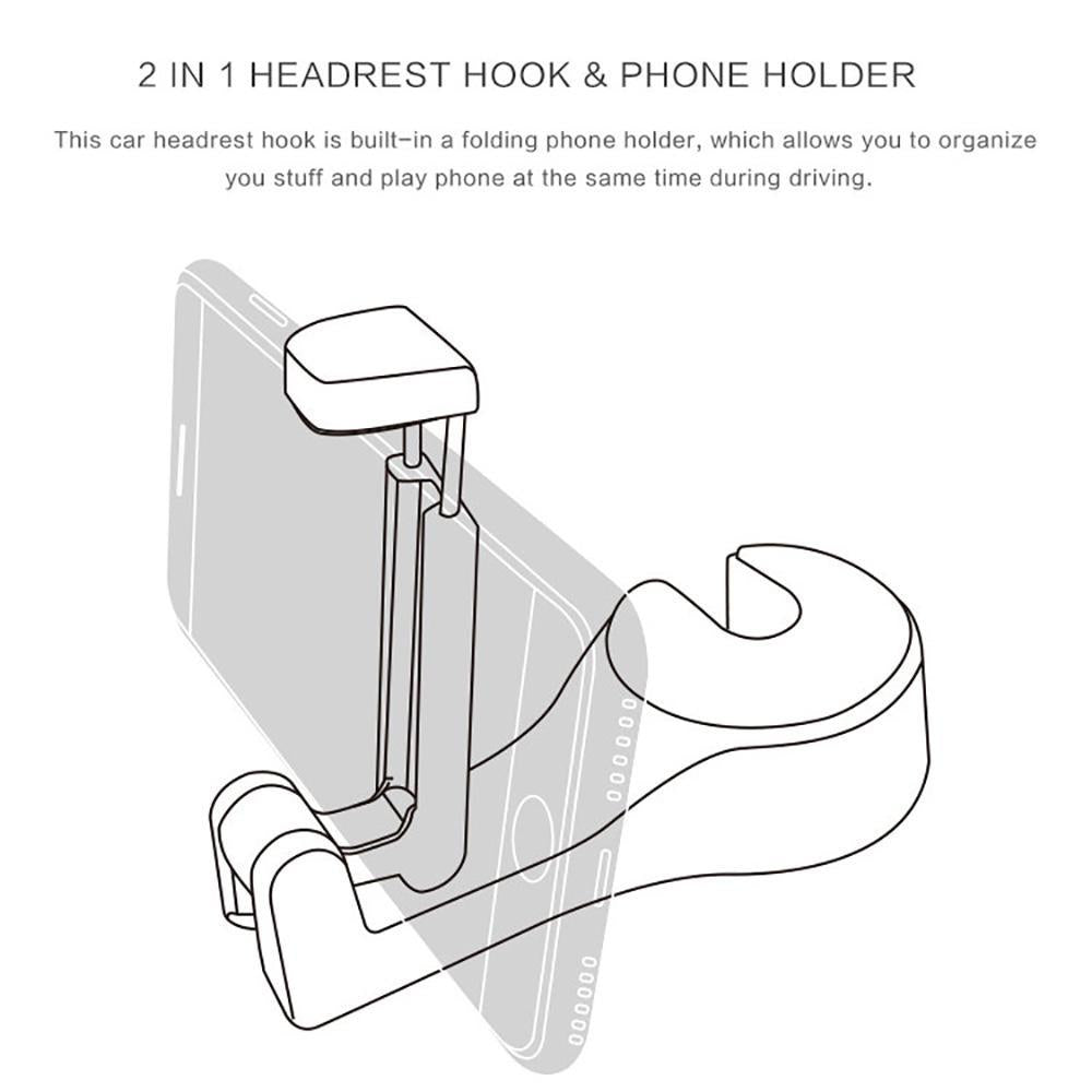 Versatile 2-in-1 Car Headrest Hook & Phone Holder - Space-Saving, Universal Fit Organizer for Bags, Groceries & Smartphone