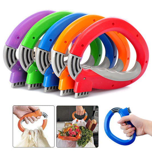 This image features a collection of colorful, semi-circular plastic bag handles with a metallic loop and teeth mechanism, designed to tightly grip and carry multiple grocery bags. Insets show the product in use, demonstrating how it securely grasps the bag handles and provides a comfortable grip for the hand.