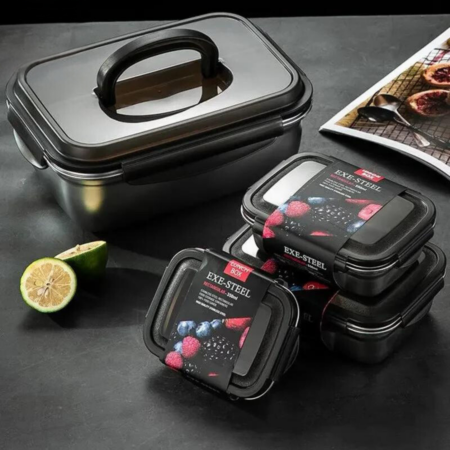 Large Capacity Stainless Steel Outdoor Portable Lunch Bento Box: Three stacked lunch bento boxes with a lime in the background, showcasing their eco-friendly and reusable design. These bento lunch boxes are ideal for family meals.