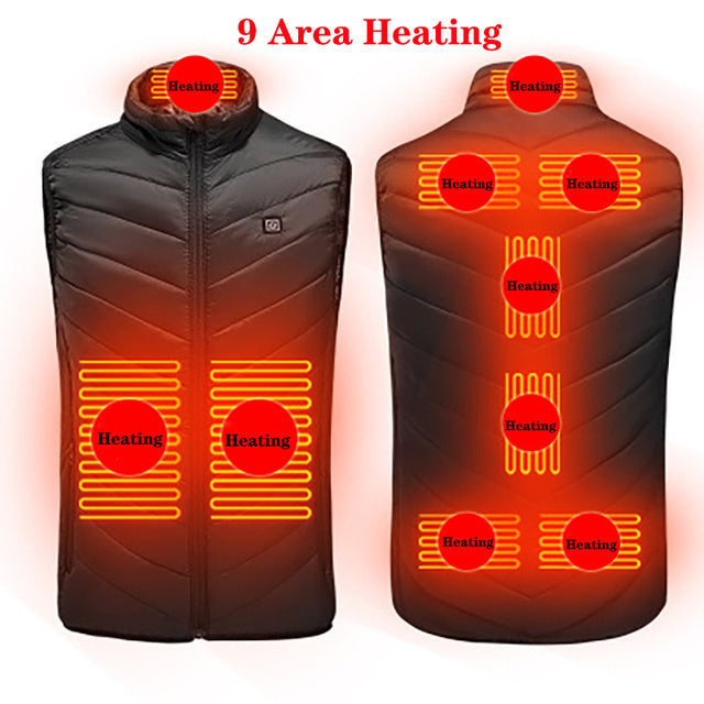Black Heated Vest with 9 Heating Zones: This sleek black vest is designed with nine heating elements, providing extensive warmth coverage from the shoulders to the waist