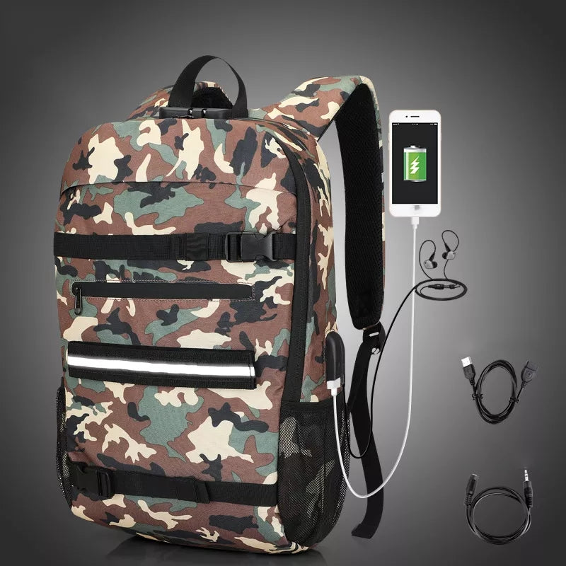 Camo Anti-Theft Backpack Close-up: A close-up of a camouflage Anti-Theft Combination Lock USB Charging Shoulder Bag, focused on the combination lock and durable material.