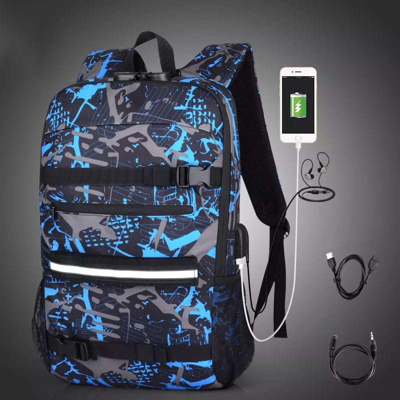 Camouflage Anti-Theft Backpack: A camo-patterned Anti-Theft Combination Lock USB Charging Shoulder Bag with vibrant colors, displayed with its USB charging and lock features.