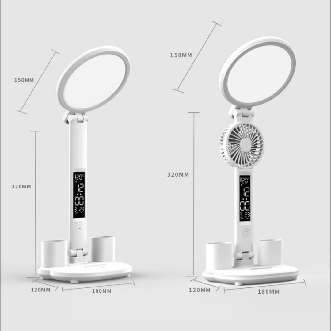 Side-by-side view of the LED clock table lamp. It emphasizes the adjustable brightness and multifunctional features, enhancing any office desk.