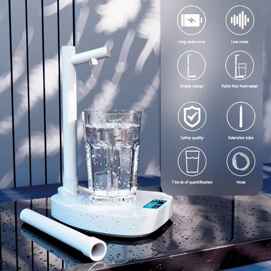 Smart Desktop Water Dispenser in Detail: Close-up of the Smart Desktop Water Dispenser's features, including its intuitive touch controls and rechargeable battery. The image emphasizes the product's practical design and its compatibility with all standard bottles.