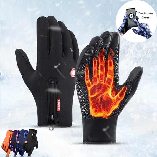 Black winter gloves with red detailing, showcasing heat retention capability with a thermal image of a hand indicating warmth.