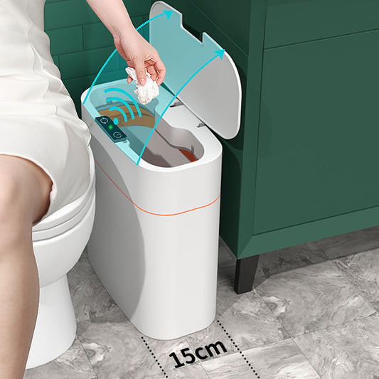 Smart Trash Can: A sleek white smart garbage bin is showcased with motion-activated technology, indicating a 15 cm sensor range for hands-free opening, enhancing convenience and hygiene in modern spaces.