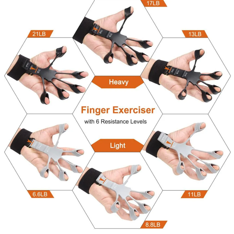 The image shows a hand stretching a black silicone finger exerciser with loops for each finger, suggesting its use for physical therapy. Insets display the device being used in different ways to strengthen individual fingers and the wrist, indicating its versatility for various exercises and grip training.