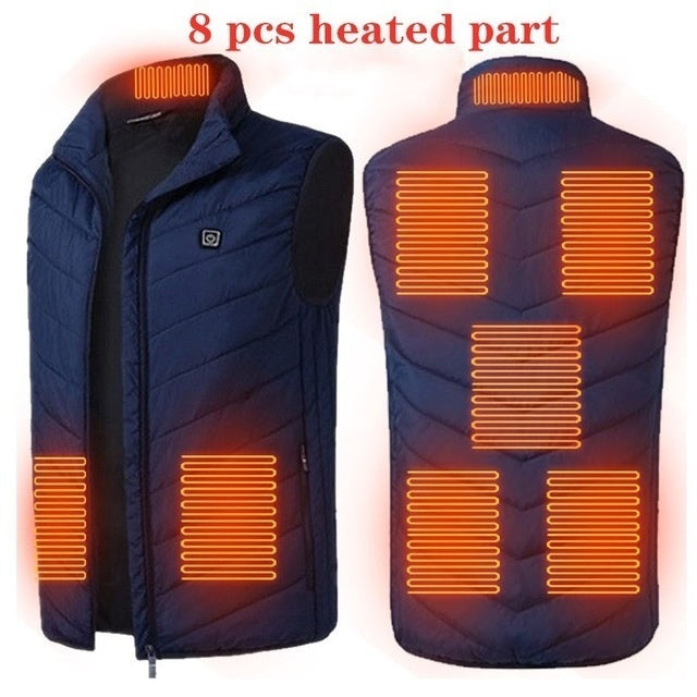Blue Heated Vest with 8Heating Zones: A royal blue vest with a high-neck collar and nine heating zones, ensuring even distribution of heat across the body