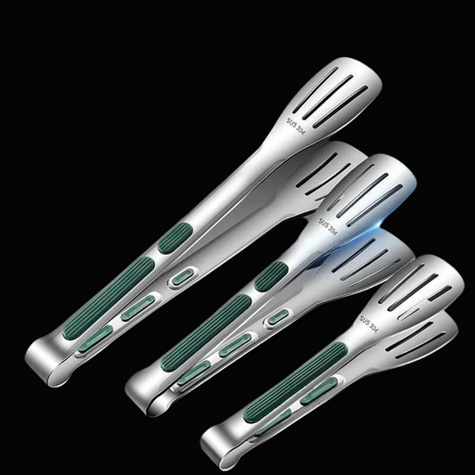 Non-Slip Stainless Steel Cooking Tongs: A set of three stainless steel cooking tongs with green and silver accents. These tongs are designed for a firm grip, making them perfect for various kitchen tasks.
