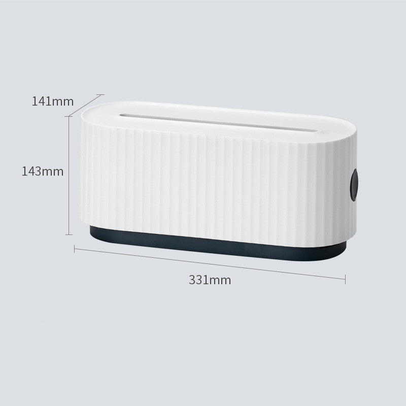 Featured is the Cloud Power Storage Box in a sleek white finish, highlighting its dimensions of 331mm by 143mm, illustrating its cable management capabilities and sturdy build.