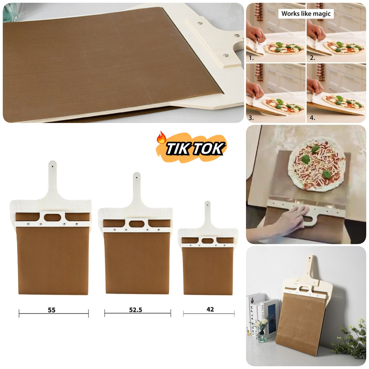 Collapsible Wooden Pizza Peel: This image showcases a collapsible wooden pizza peel, its folding handle making it convenient for storage. Its natural wood surface is ideal for sliding pizzas effortlessly into the oven.