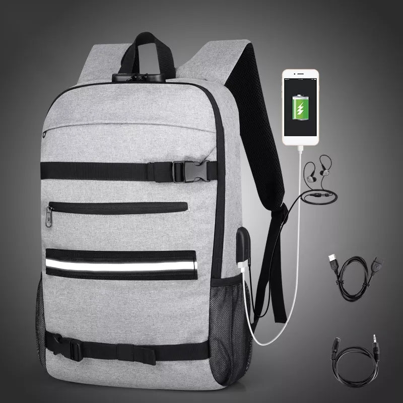 Grey Anti-Theft Backpack with Contrast Stripes: A grey Anti-Theft Combination Lock USB Charging Shoulder Bag with distinctive white stripes, emphasizing the external USB charging port.