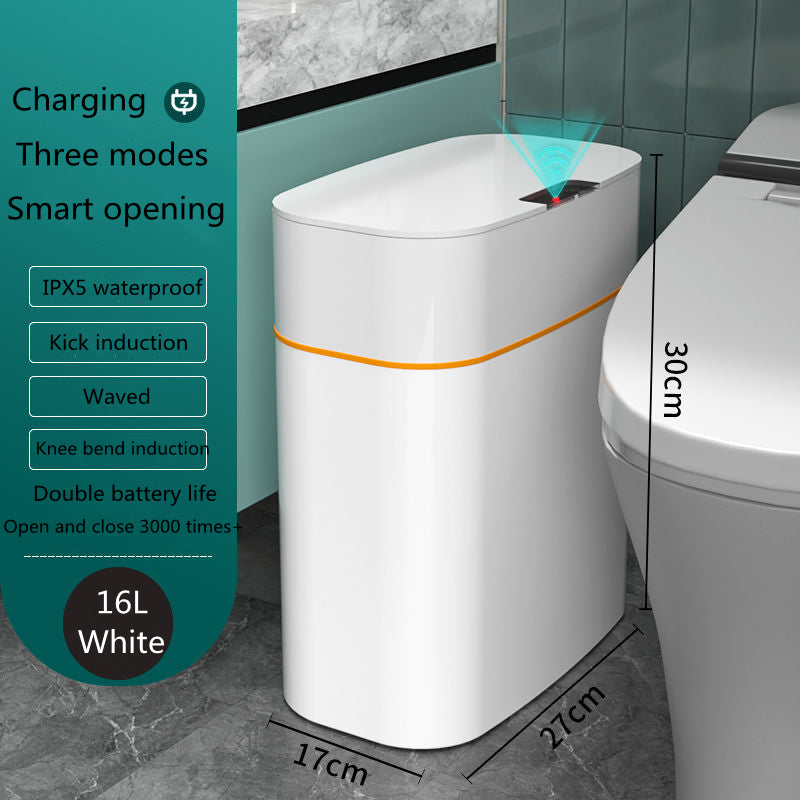 Smart Trash Can: A sleek white smart garbage bin is showcased with motion-activated technology, indicating a 15 cm sensor range for hands-free opening, enhancing convenience and hygiene in modern spaces