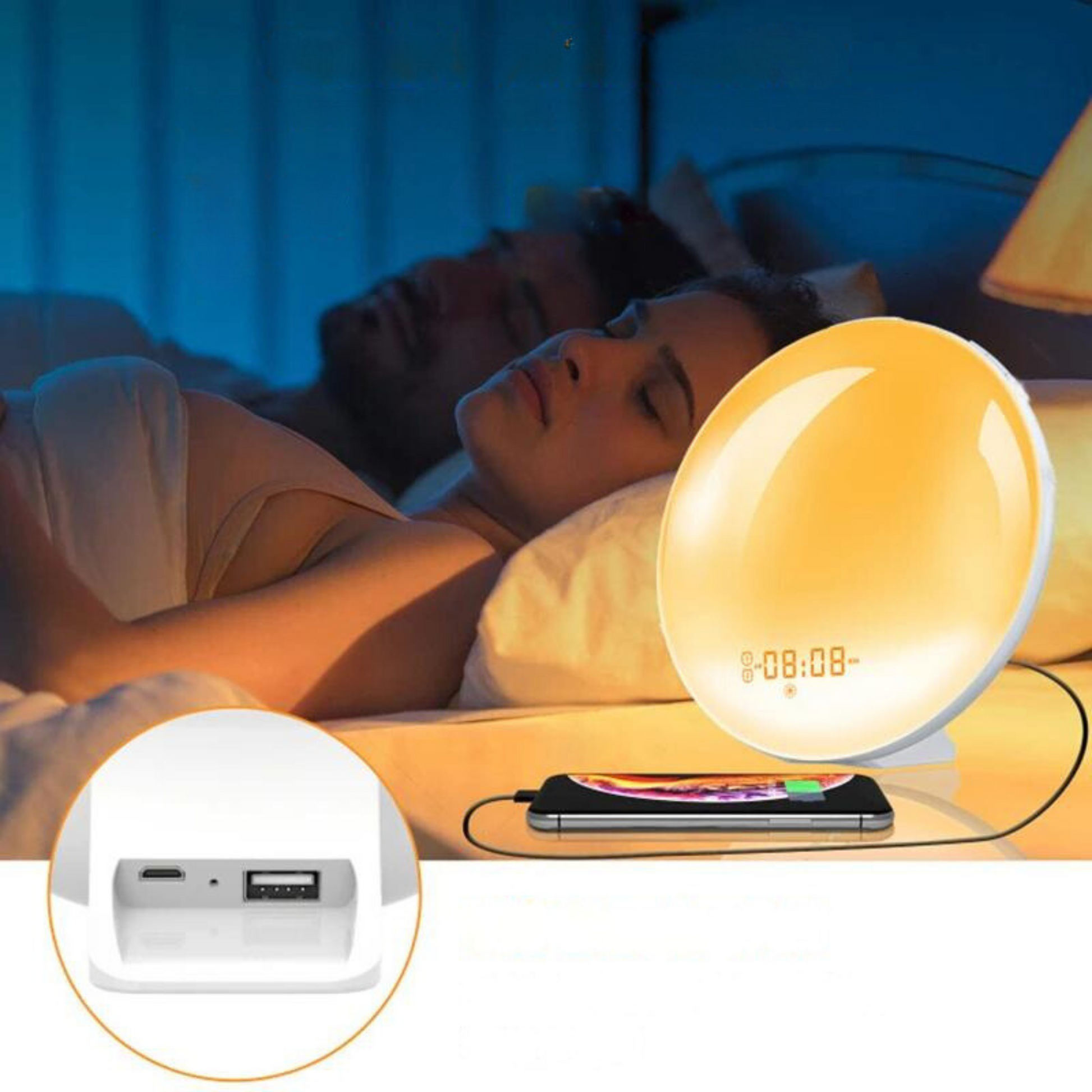 A yellow bedside lamp shows two alarm times, 08:25, with a USB charging port nearby. Ideal for dual alarms and nightlight use.
