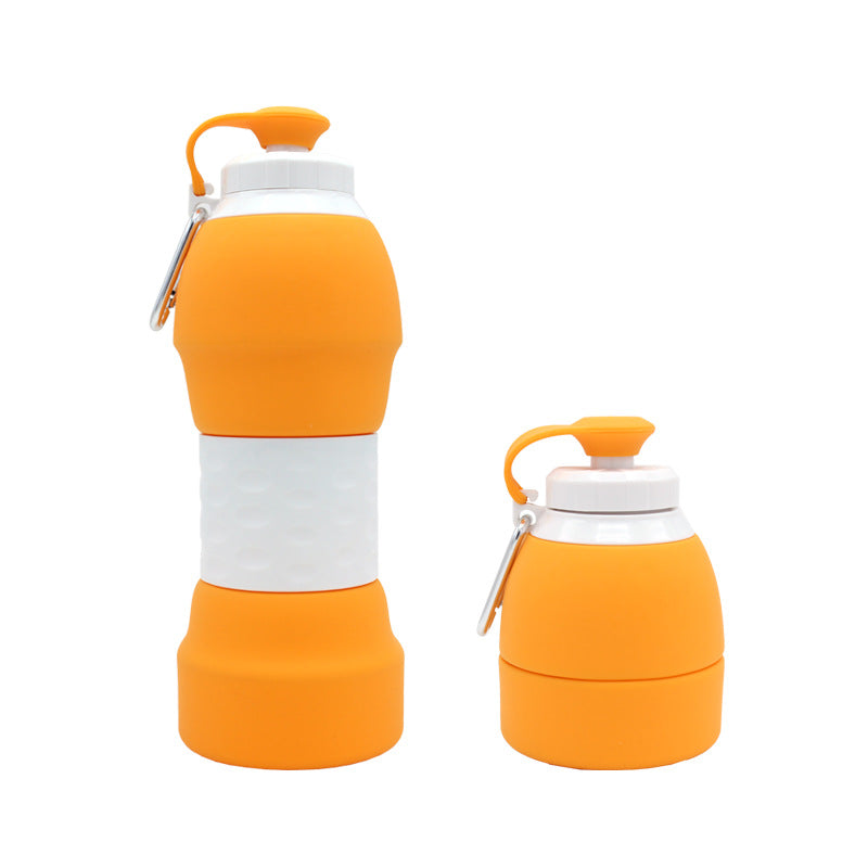 The image features a orange silicone water bottle in two states: fully expanded and half-collapsed. 