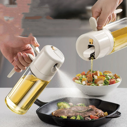 2 IN 1" feature of the Oil Sprayer Bottle, showing both spraying and pouring actions in a kitchen setting, a perfect companion for health-conscious chefs.