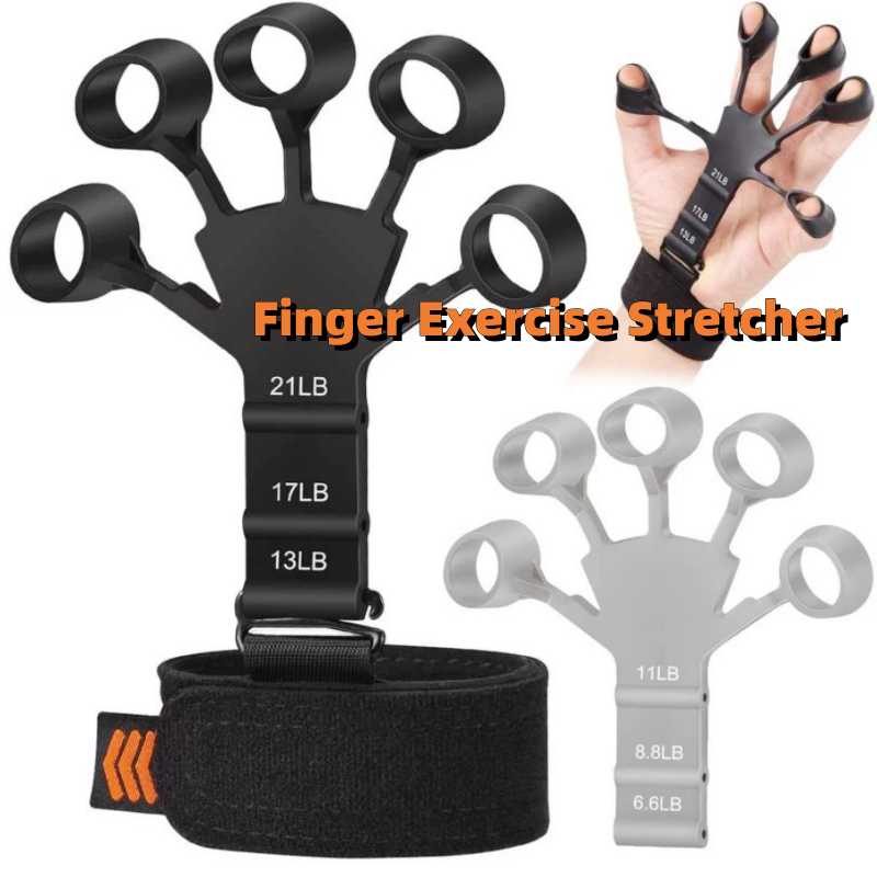 The image shows a hand stretching a black silicone finger exerciser with loops for each finger, suggesting its use for physical therapy. Insets display the device being used in different ways to strengthen individual fingers and the wrist, indicating its versatility for various exercises and grip training.